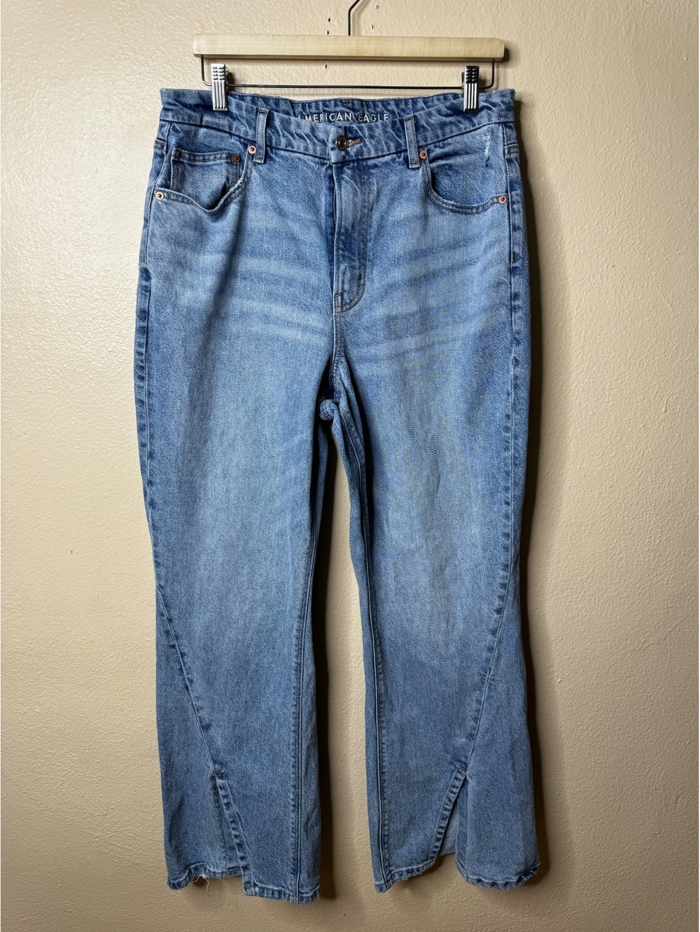 American Eagle Womens 14 Regular Curvy 90s Bootcut Jeans Blue Stretch Split Hem